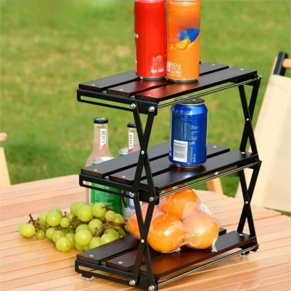 Camping Folding Shelf Stainless Steel Solid Wood Triple Folding Shelf Portable Multifunctional Outdoor Foldable Storage Racks