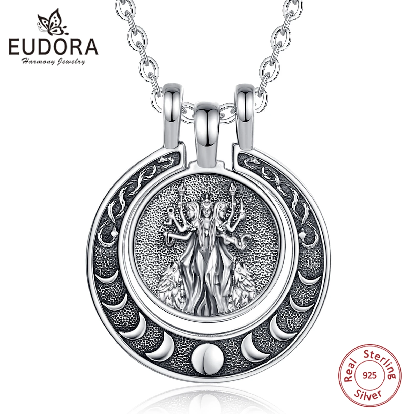 

Eudora стерлингового серебра 925 пробы, геката, тройная лунная богиня, ожерелье, змея, фаза Луны, амулет, кулон, Wicca, языческие украшения, женский подарок