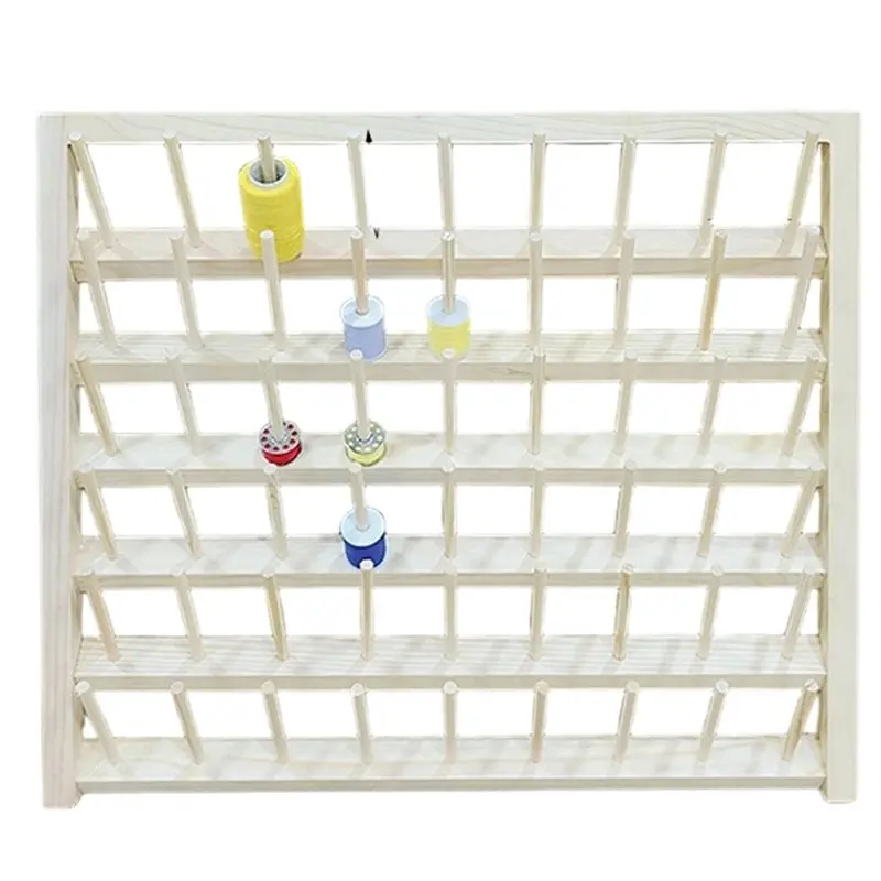 B08B-Wall Hanging Hooks Included Wooden Thread Rack Organizer- 54 Spools Capacity For Sewing And Embroidery