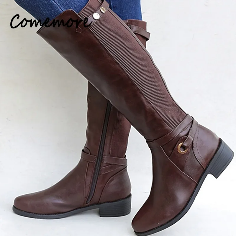 Comemore Women\'s Buckle Long Knight Boots Female Combat Boots Women Low Heels Shoes Plus Size Women Zip Leather Knee High Boots