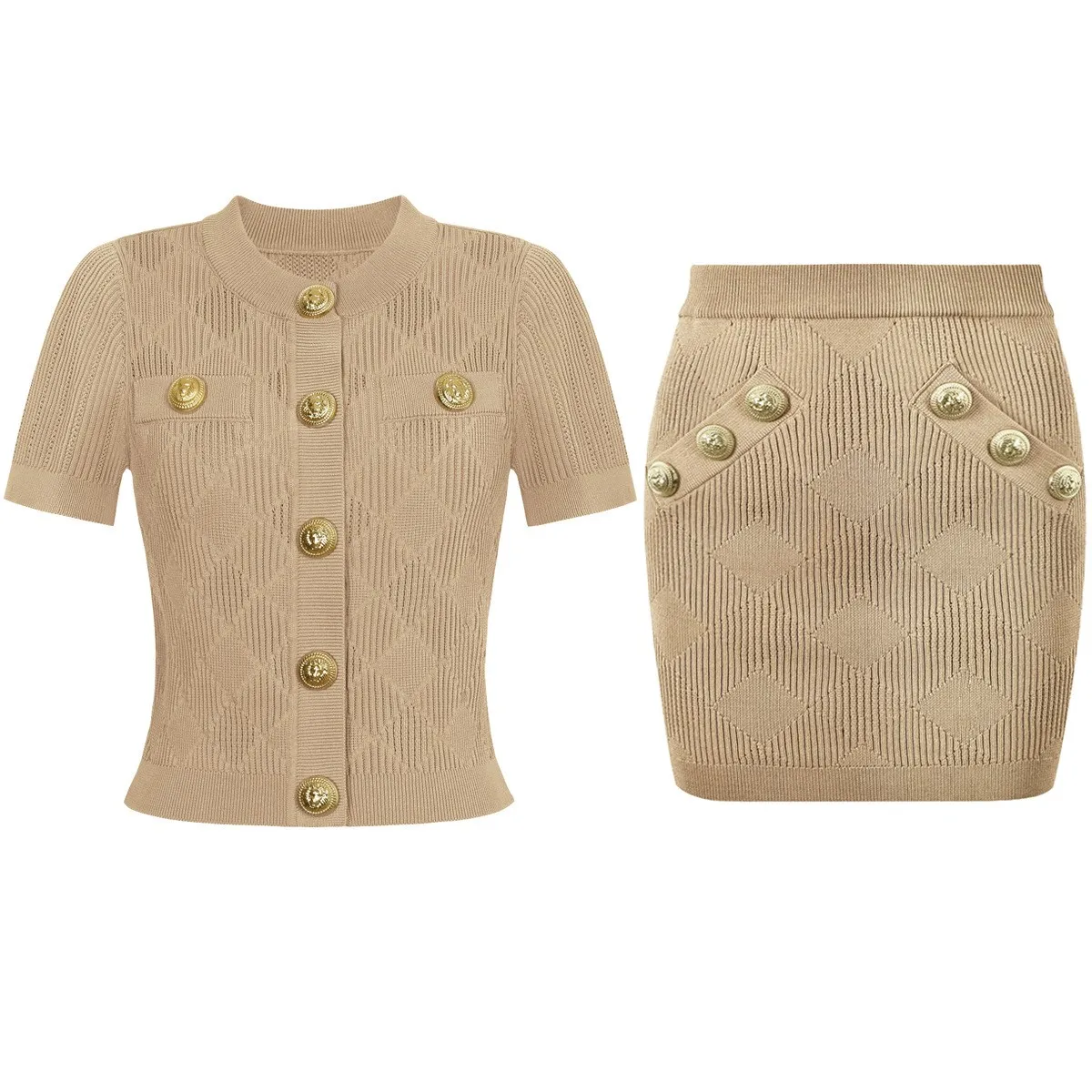 

High Quality Spot Summer New Fashion Classic Slimming Short Sleeved Top Knitted Cardigan Slim Button Short Skirt Women's Set