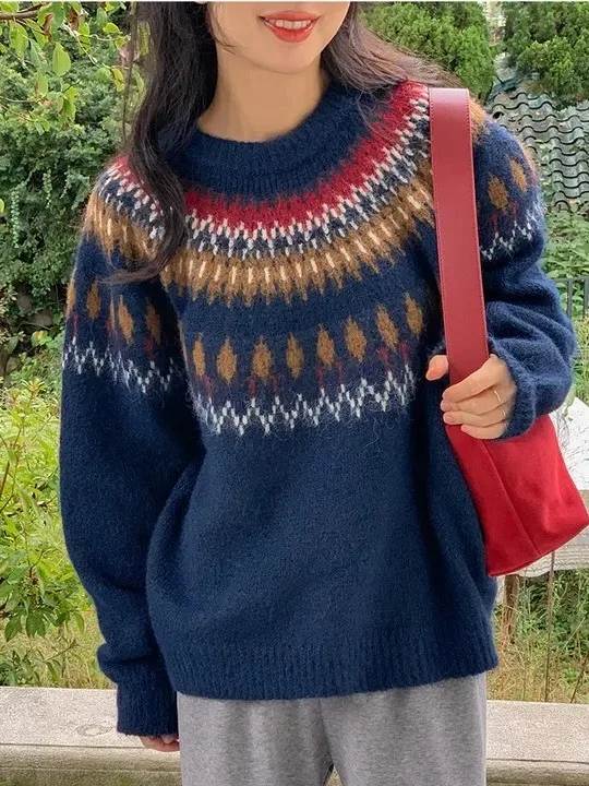 

Chic Loose round Ne Retro Patterned Knitwear Women's Outerwear Initial Autumn New Sle Versatile Comfortable Knitted Sweater