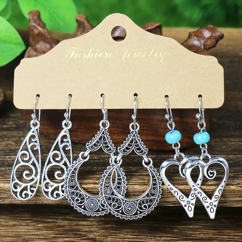 Retro Ethnic Metal Earrings Women\'s 3 Pairs Set Water Droplet Shaped Silver Color Carved Indian Earrings Bohemian Ears Jewelry