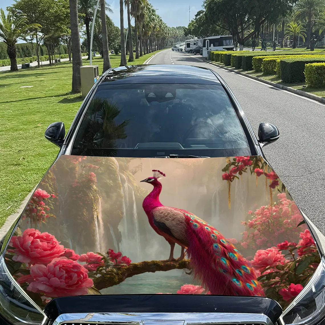 

Peacock Blending with Gorgeous Red - Pink Flowers Pattern car hood stickers, waterproof self-adhesive, scratch resistant, easy t