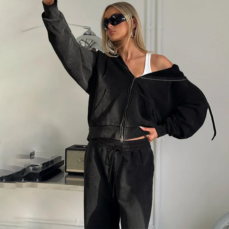 XIAOTANG Hooded Sweatshirt Celana Panjang Kasual 2 Potong Set Fashion Wanita Musim Gugur Sweatshirt Ritsleting dan Celana Panjang Tali Serut Set