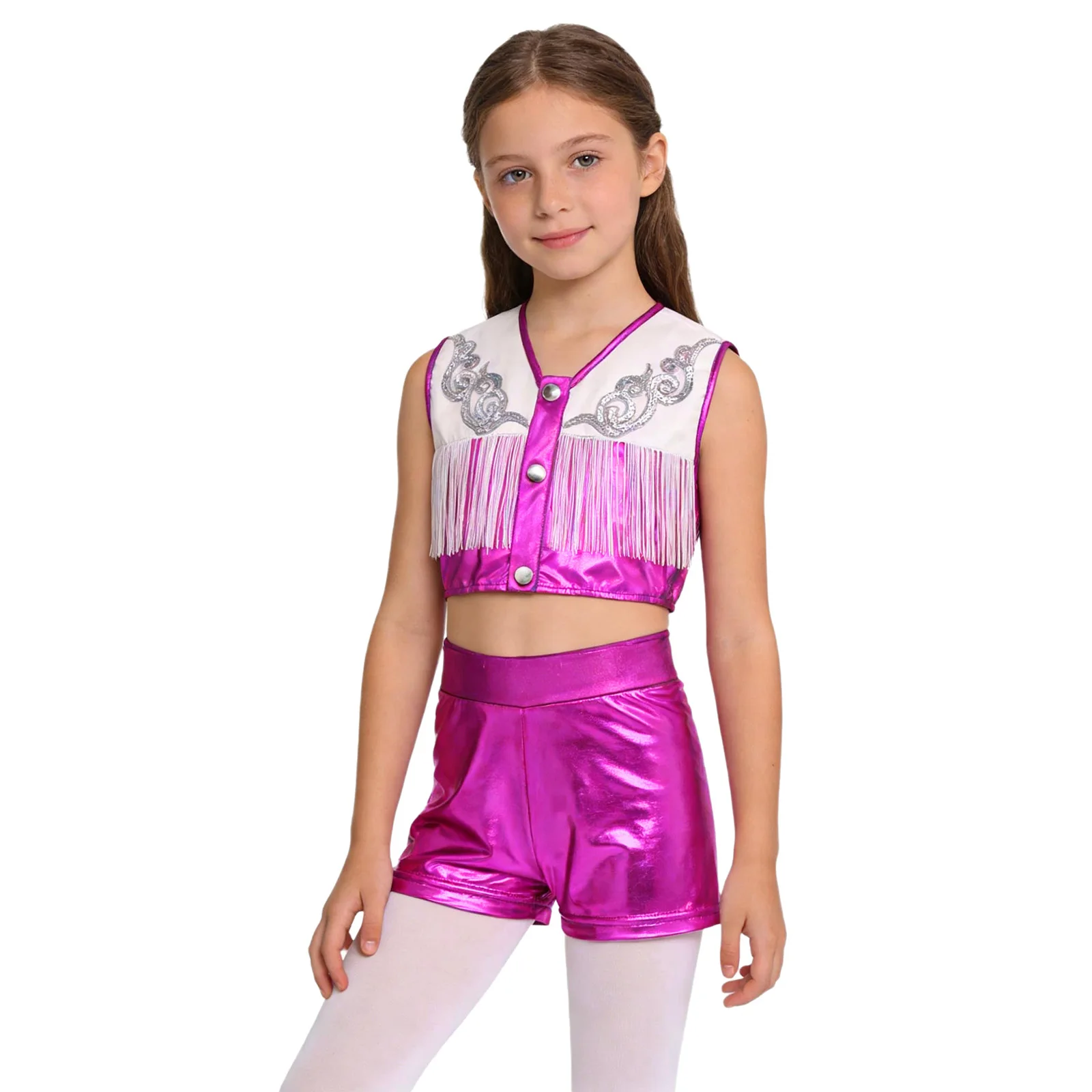 

2Pcs Western Cowgirls Cosplay Outfits Patchwork Metallic Gloss Sleeveless Fringed Top with Shorts Set for Fancy Ball Theme Party