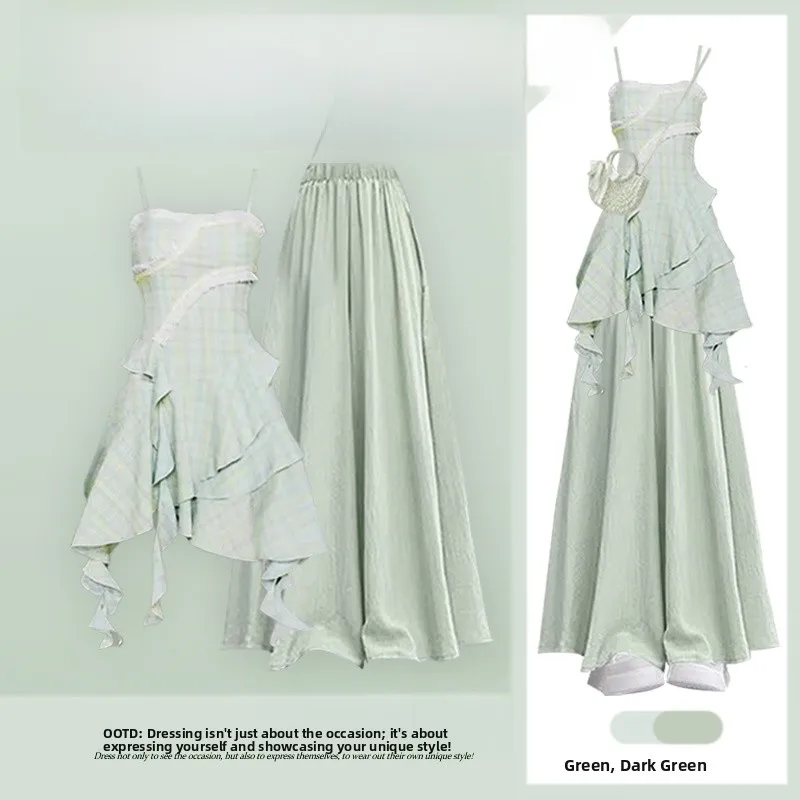 Elegant Summer Outfit Women's Design Sense Lace Trim Strap Dress with Lazy Style Slimming Skirt Pants Two Piece Set