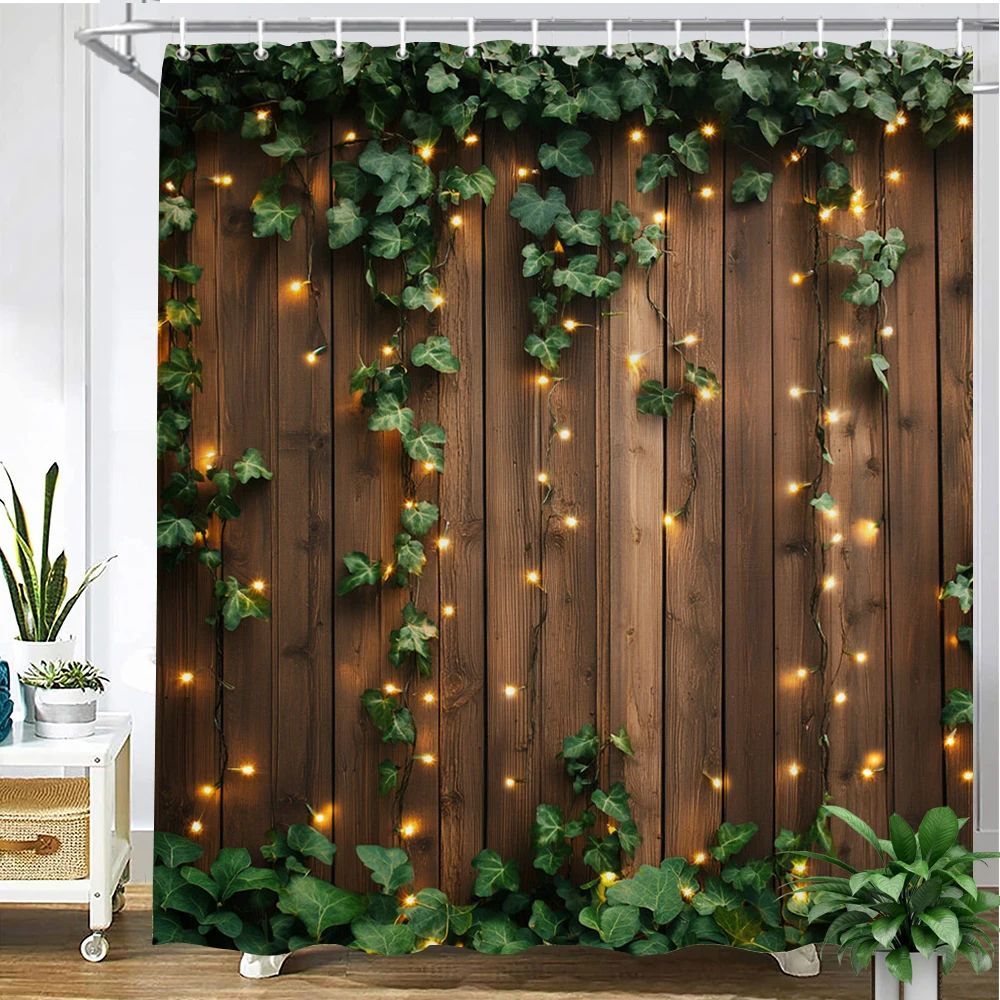 

Country retro wooden board printed fabric shower curtain, Pastoral wood plant pattern bathroom curtain decoration, with hooks