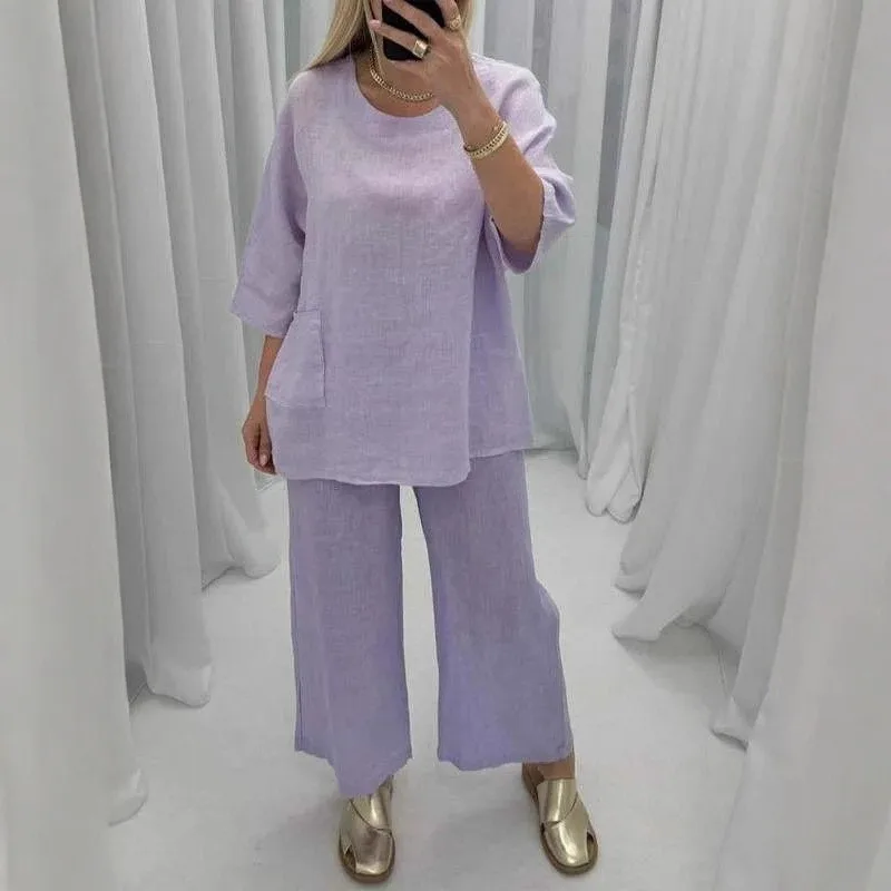 

Повседневный женский топ с круглым вырезом и 7-точечным рукавом, комплект из 2 предметов, осенняя новая мода, свободные широкие брюки с карманами в стиле ретро, женский костюм