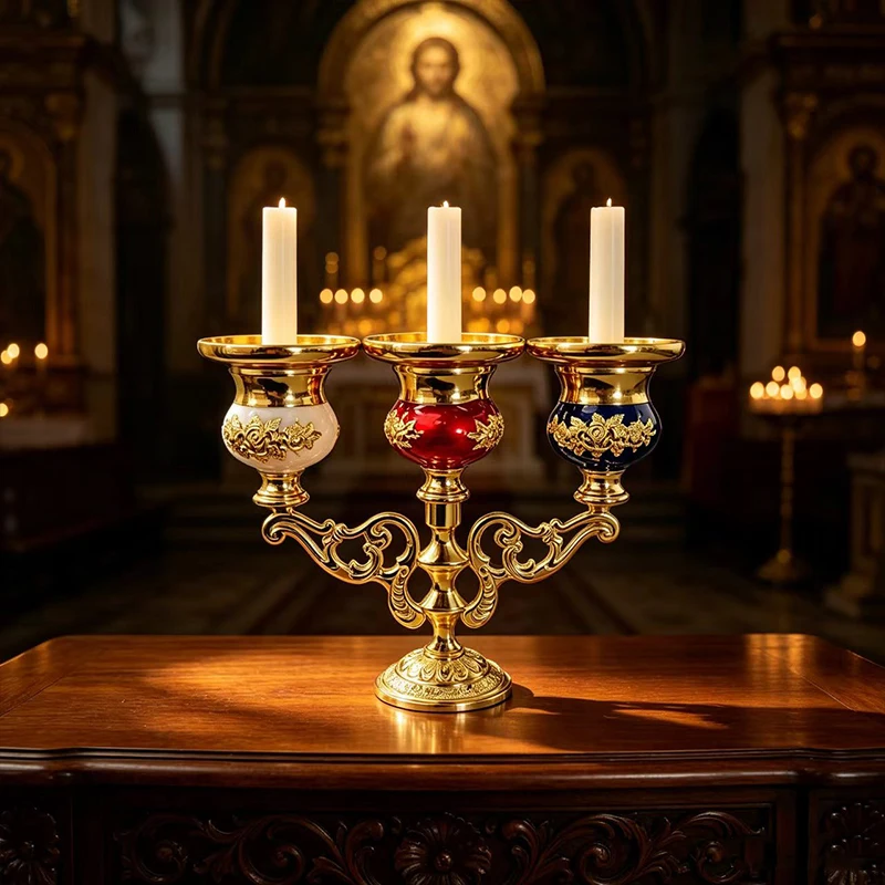 Luxury Byzantine Orthodox Three Light Candelabra Gold Plated White Red Blue Enamel Church Home Altar Candlestick Religious Gift