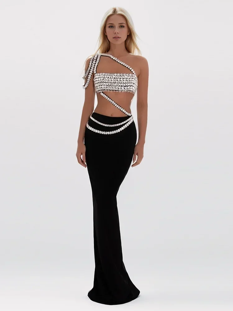 

New Women Luxury Black Party Outfits Crystal Camis Crop Top And Long Bandage Skirts Two Piece Sets Celebrity Evening Gala Dress