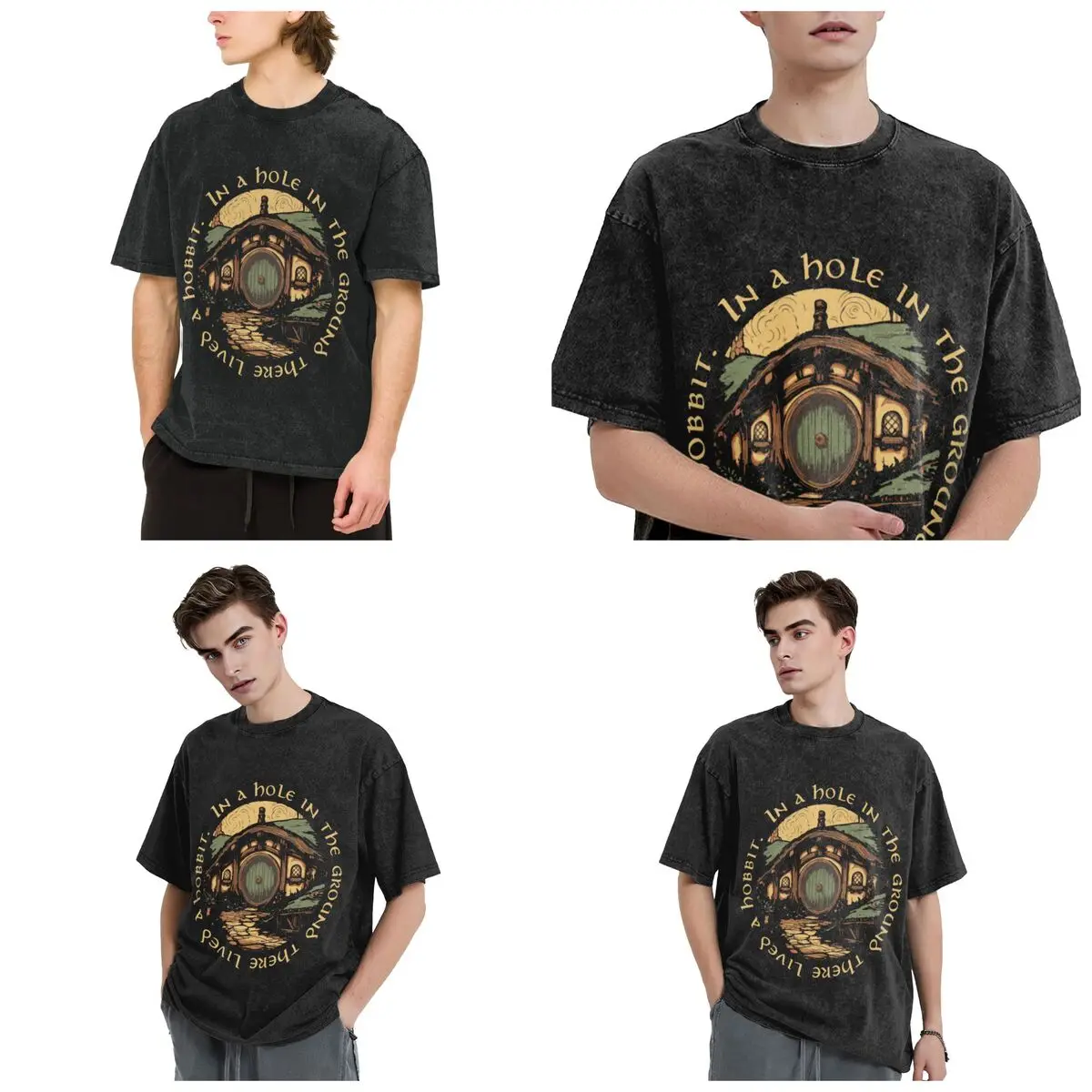 In A Hole In The Ground There Lived A Hobbit Hip Hop Short Sleeve T-Shirts Washed Tops Tees Streetwear T Shirt Printed Men Women