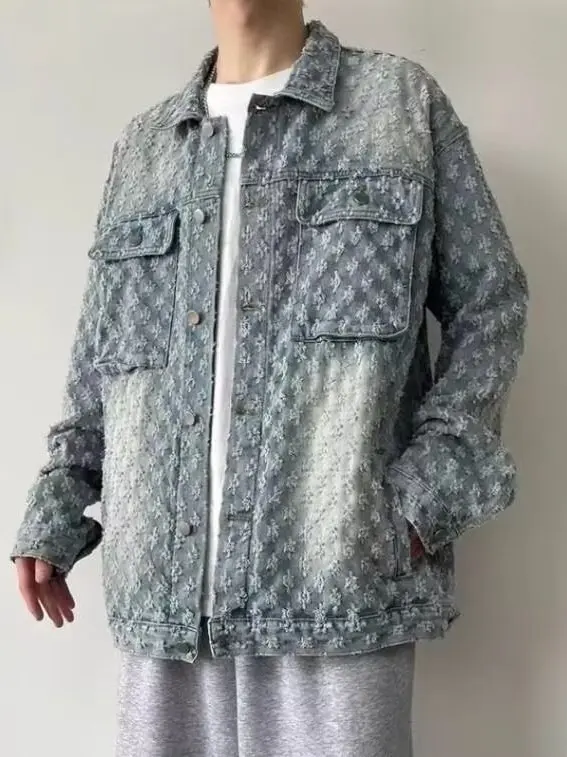 

American Sle Men's Denim Jaet Spring Autumn New Hole Ripped Vintage High Street Design Loose Fit Jaet Casual Top