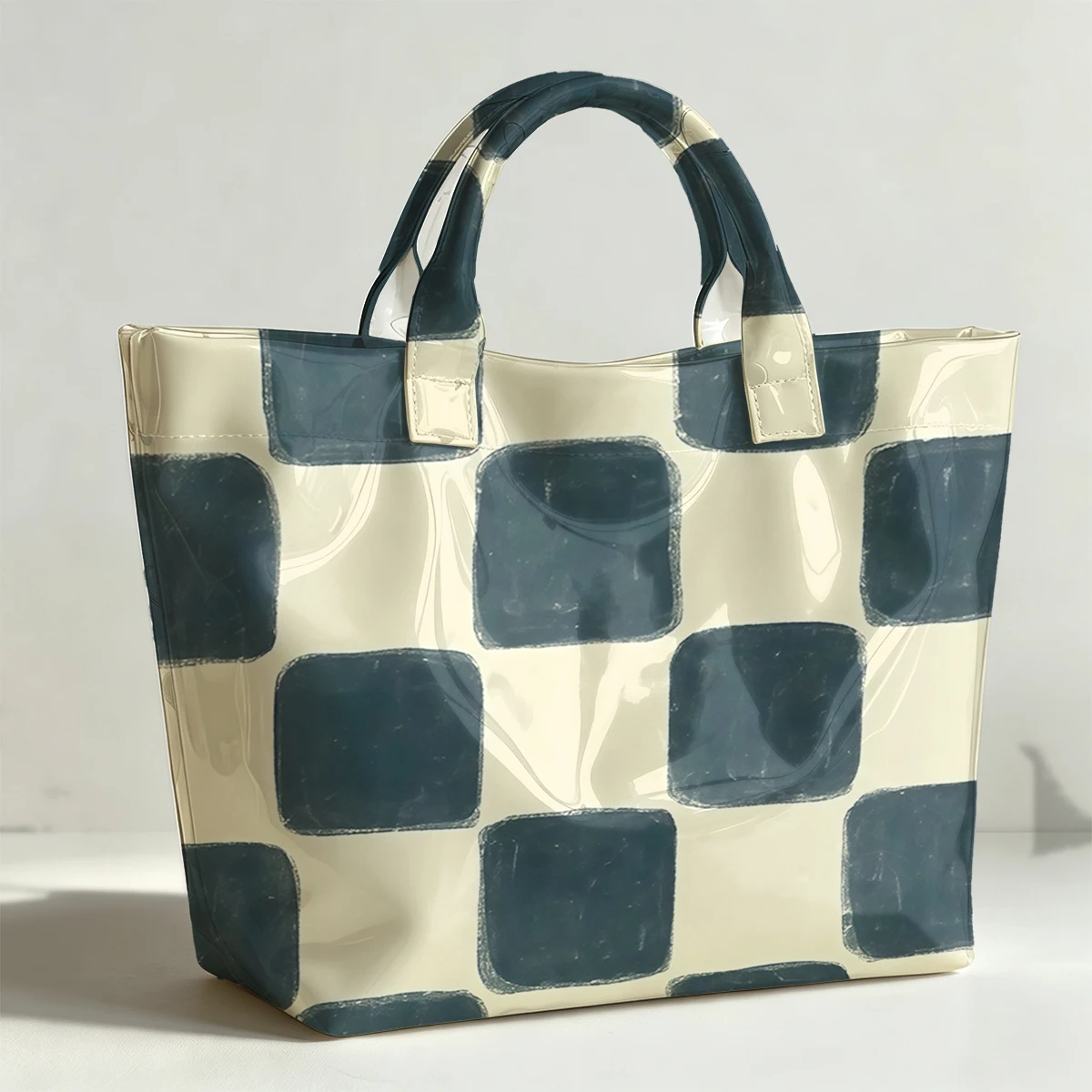 Dark blue square checkerboard PVC Tote Bag Waterproof Transparent Jelly Bag Beach Bag Tote Pouch Bow Handbags Storage Bag