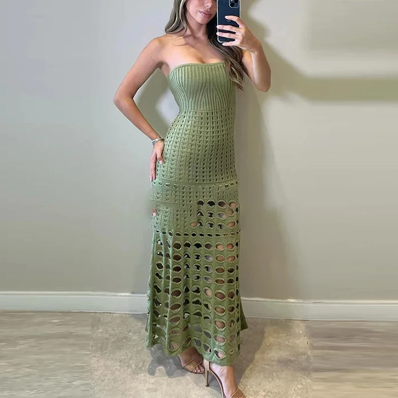 

LIBIELIY Fashion Hight Waist Slim Party Dress Women's Sexy Strapless Sleeveless Knitted Dress Elegant Hollow Backless Solid Lon