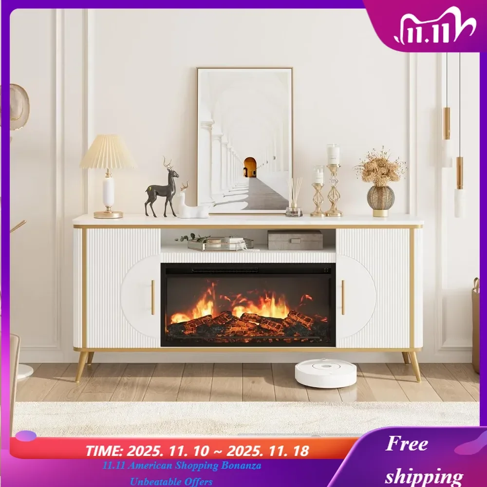 

Подставка под телевизор с рифленым камином, современный развлекательный центр с 30-дюймовым электрическим камином, роскошная медиаконсоль с регулируемой скоростью