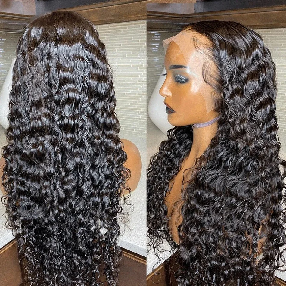 Full brazilian deep wave 13x6 hd lace frontal human hair wig  for women 40 Inch lace front curly preplucked cheap wigs on sale