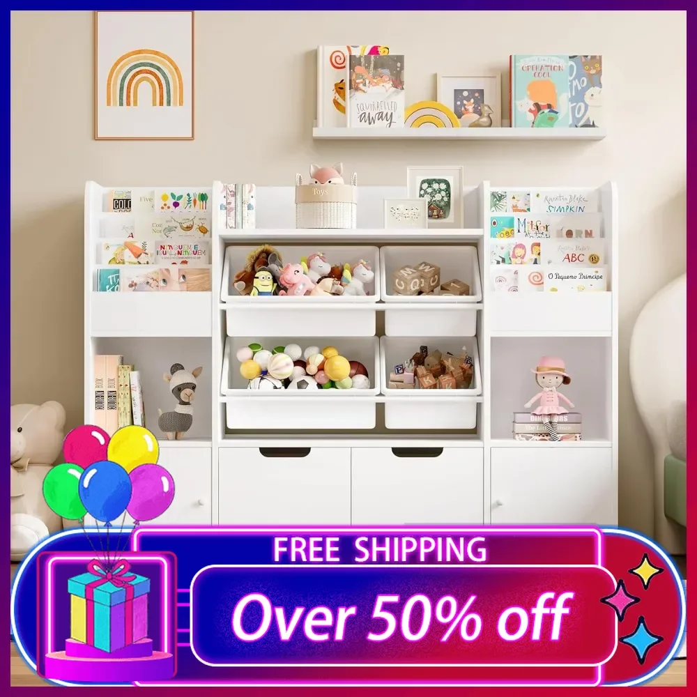 

50'' Large Toy Storage Organizer with 4 Toy Bins,Toy Organizers and Storage with 6 Storage Cubbies and 2 Drawers,Bookshelf