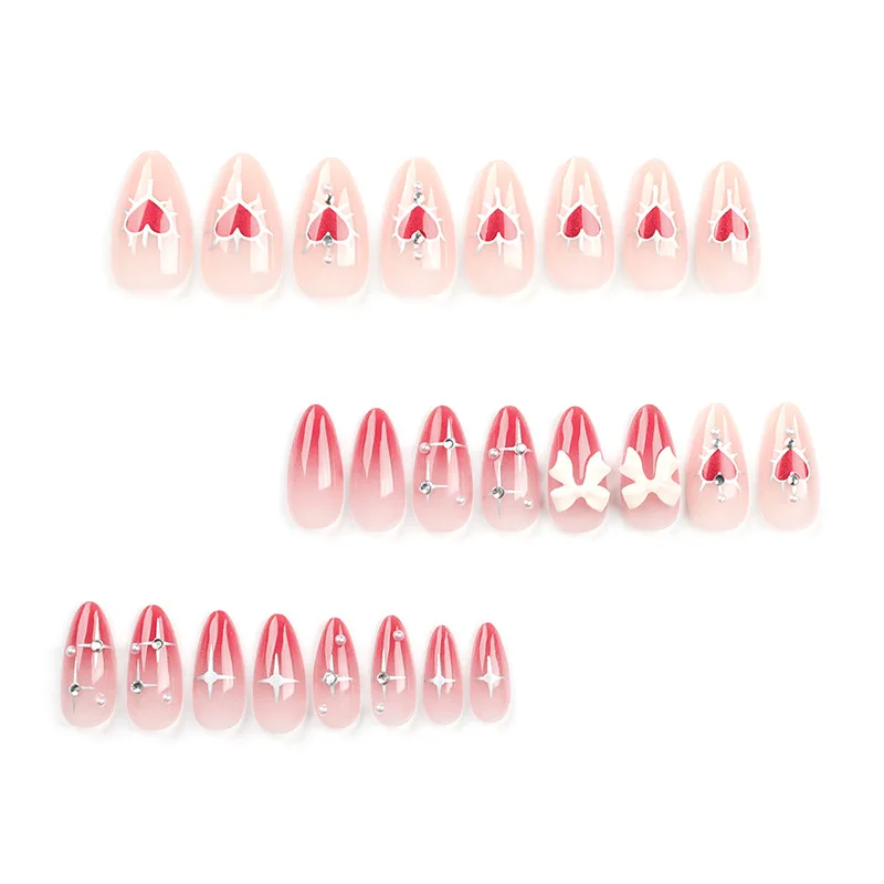 24 PCs Valentine's Day Long Almond Shape Novelty Pearl Bow Love Nail with 1 File and 1 Jelly Glue