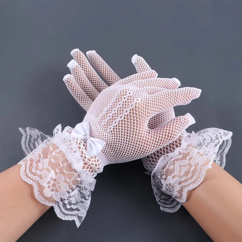 Sexy Elegant Anti-UV Fishnet Crystal Bow Sun Protection Mittens Lace Wedding Gloves Women Driving Gloves