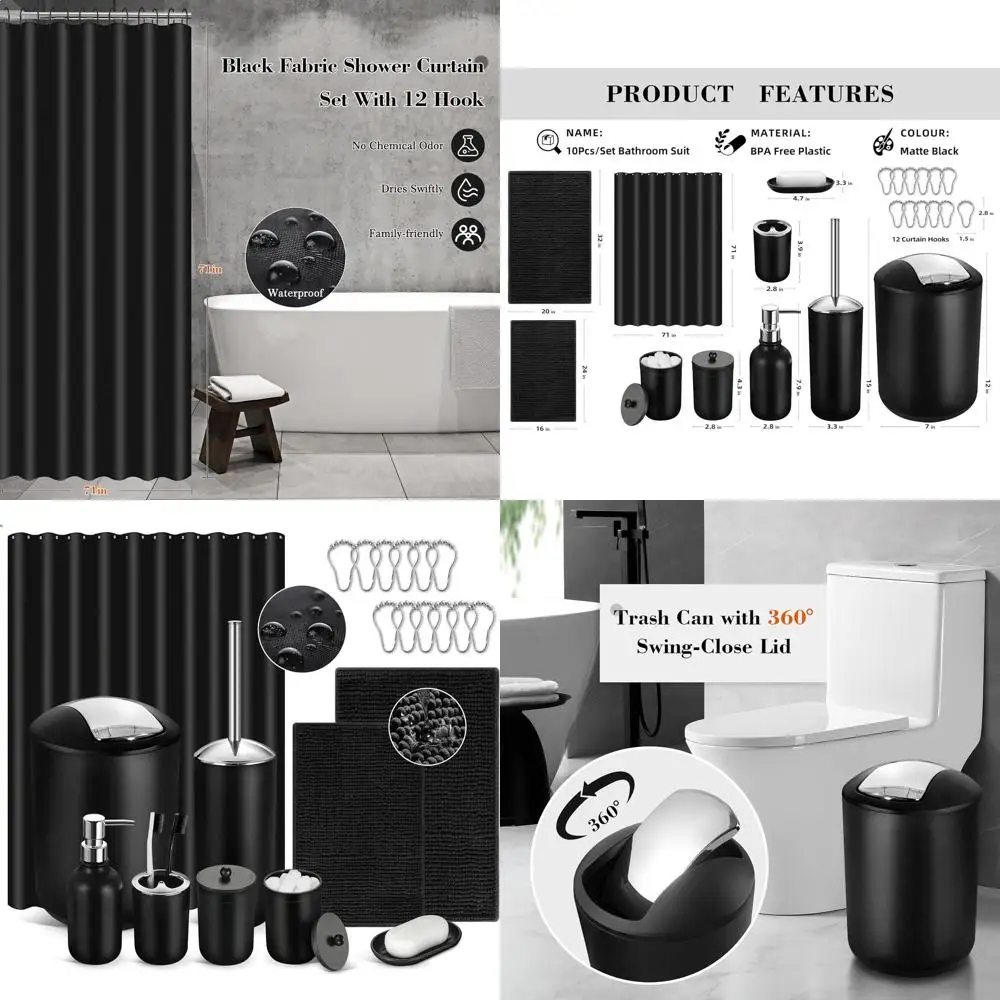 

Complete 22-Piece Black Bathroom Accessory Set with Shower Curtain, Mats, and Trash Bin