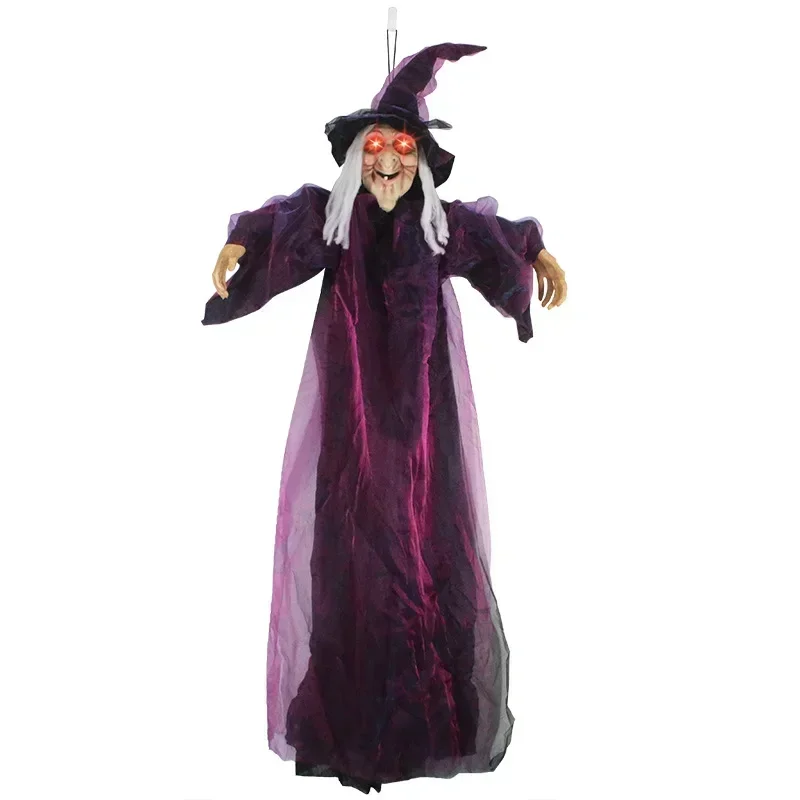 Halloweenowa Czarownica Mówiąca w Skali 1:1, Fioletowa, Straszna, Zewnętrzna, Animatroniczna, Sterowana Głosem, Świecąca, Krzycząca Dekoracja — 2
