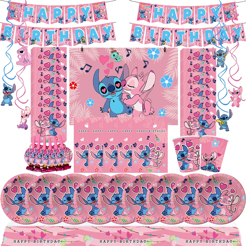 Disney Stitch Theme Birthday Party Decoration Set di stoviglie Pink Lilo And Stitch Angle Balloon Decor Supplies Kit per bambine