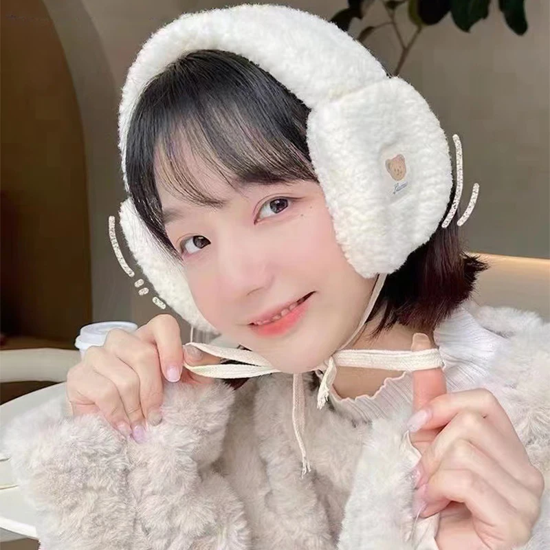 Korean Style Women Plush Earmuff Winter Warm Ear Warmer Cute Bear Adults Kids Lace Up Earmuffs Ear Cover Girls Sweet Scarf