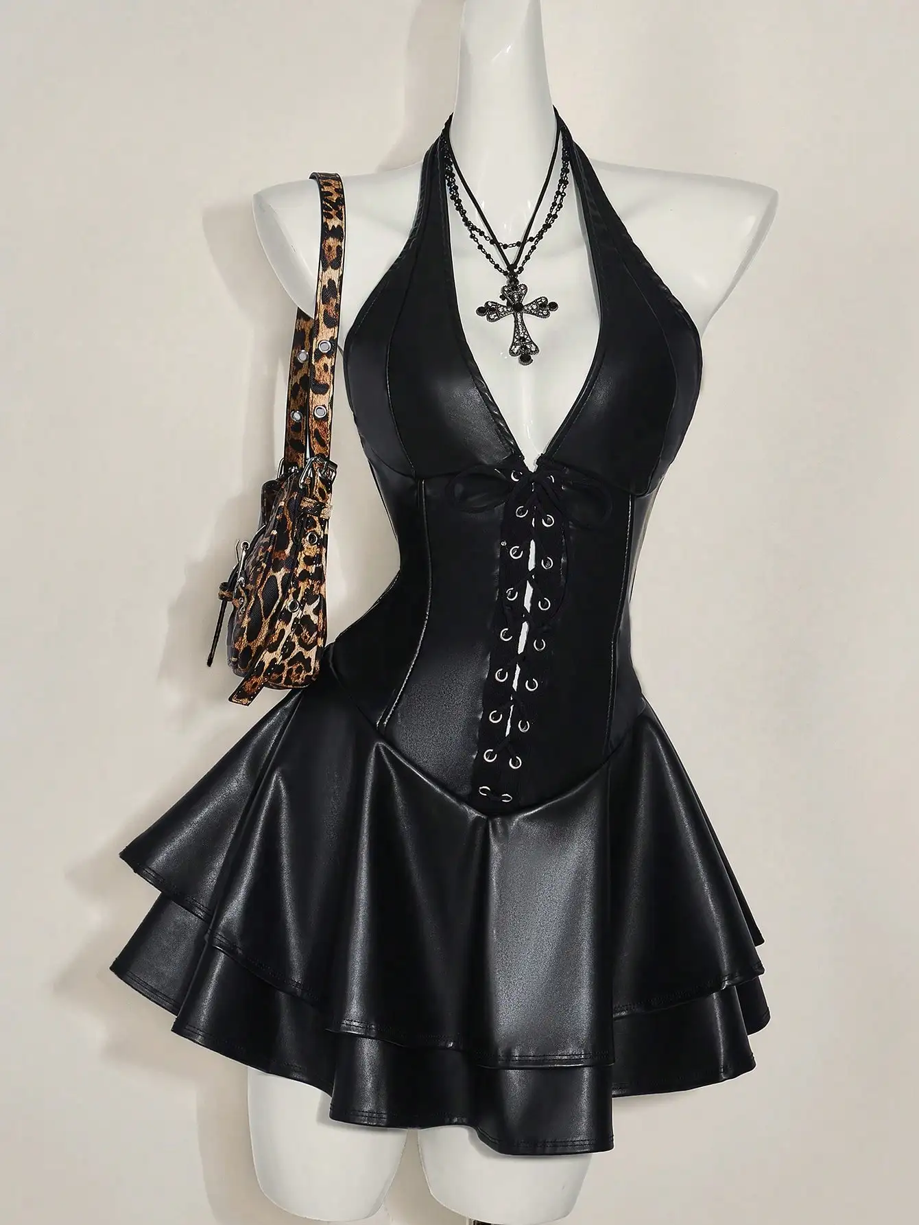 

Black PU Leather Halter Mini Dress with Corset Lace-Up Front and Tiered Skirt