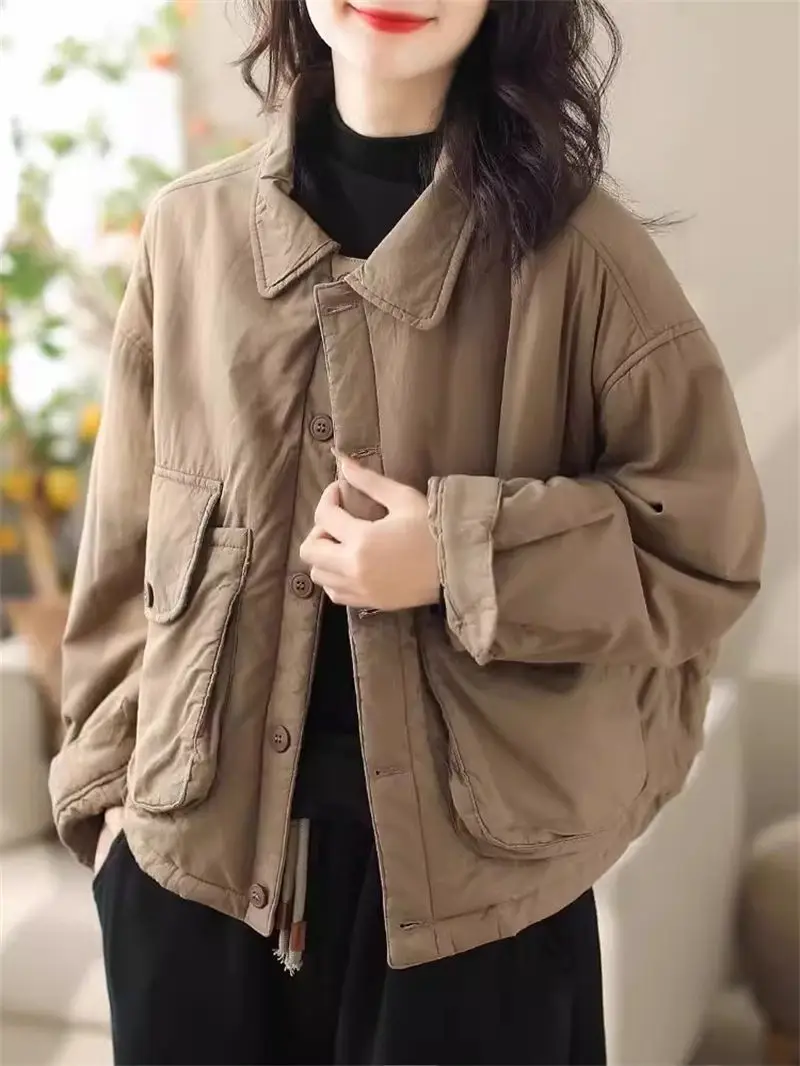 Cotton Padded And Thickened Large Pocket Shirt Coat 2024 Autumn Winter Loose Fitting Simple Short Women\'s Quilted Jacket K383