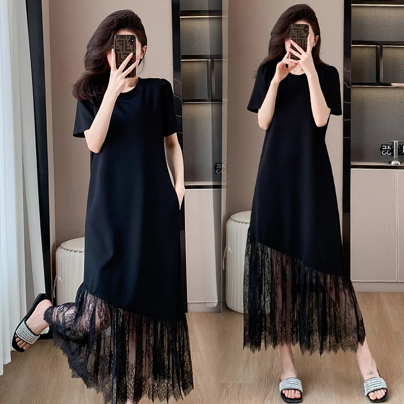 Frauen Baumwolle lange T-Shirt Kleider Sommer weiblich o Hals Kurzarm große Größe elegant eine Linie schwarze Spitze Patchwork lose Vestido