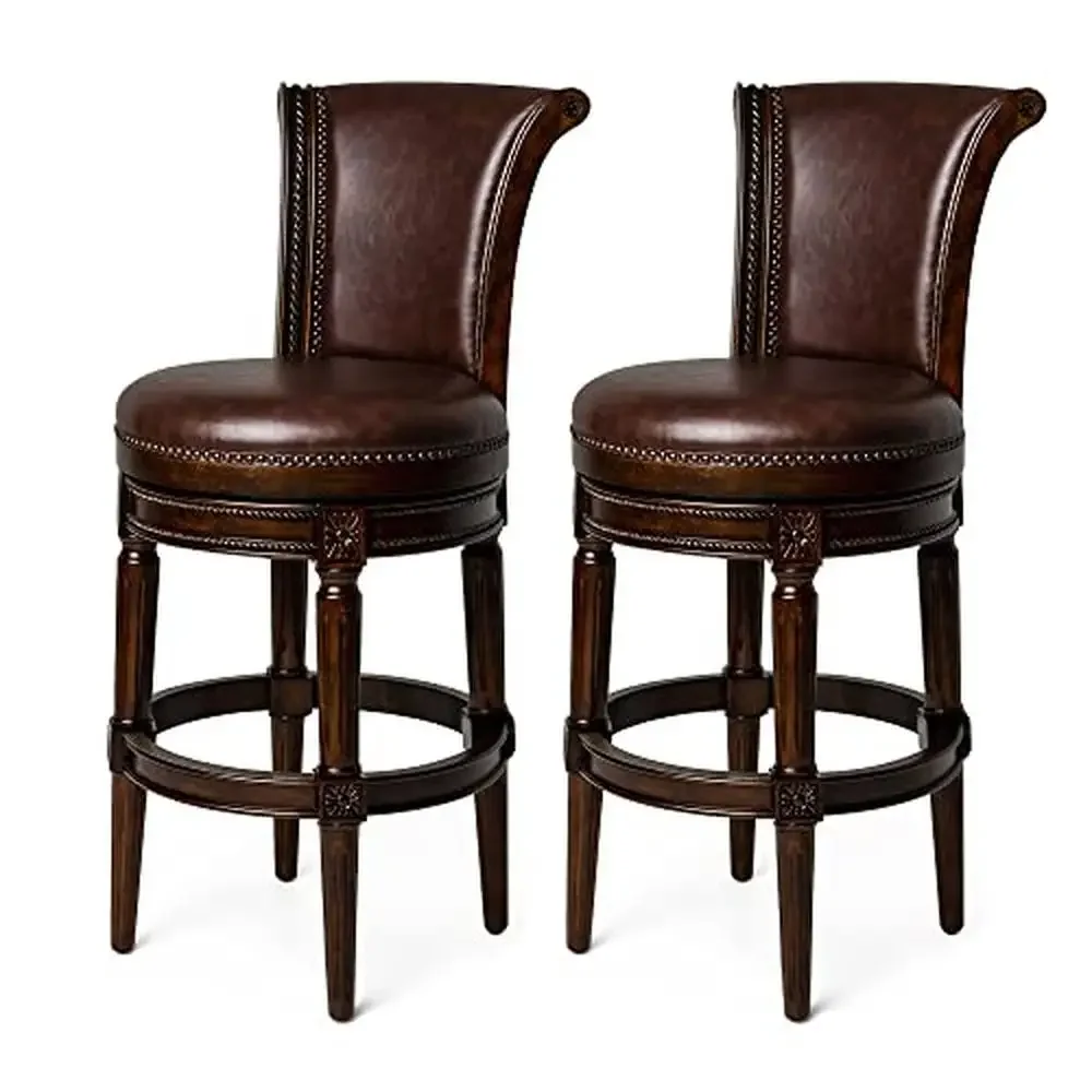 

31" Tall Barstool Dark Walnut Swivel Upholstered Seat Vegan Leather Cushion Wood Bar Height Stool 180 Degree Rotation Kiln-dried