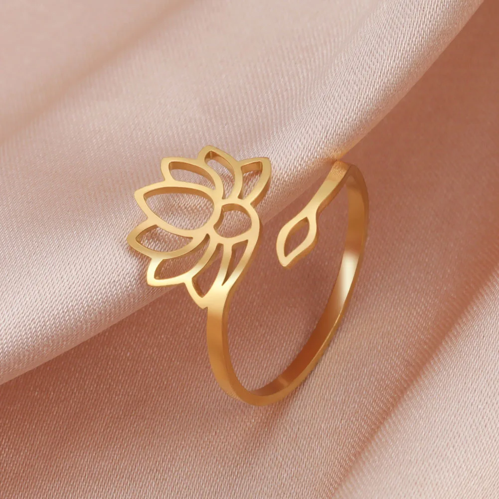 Kkjoy Fashion Stainless Steel Gold Color Openwork Lotus Flower Vintage Ring Adjustable Finger Ring for Women Trendy Jewelry Gift