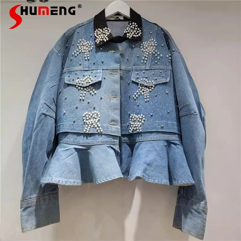 

2026 Spring New Fashion Rhinestone Beaded Denim Jackets Women Loose Comfort Versatile Trendy Jacket Tops Contrast Color Coats