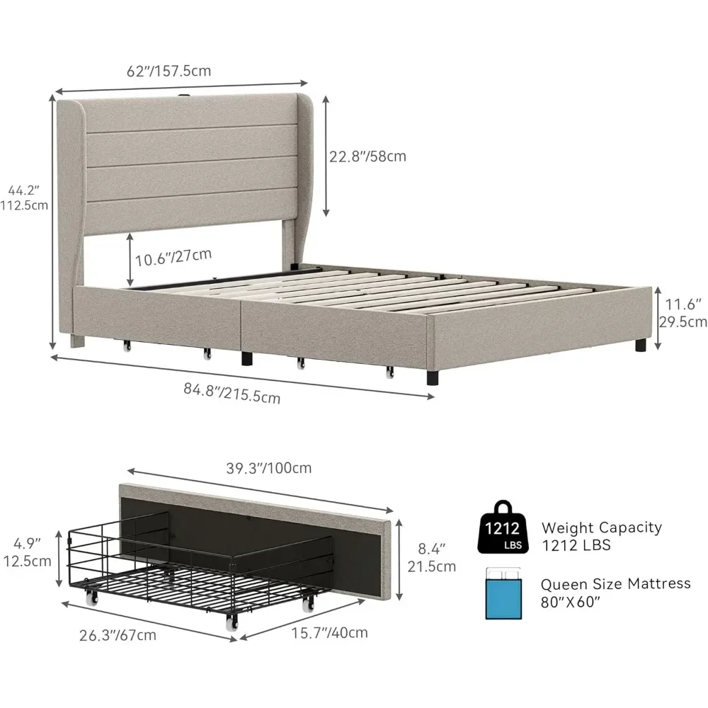 Queen Bed Frame with 4 Storage Drawers,Upholstered Platform Bed Frame with Charging Station & Wingback Headboard|