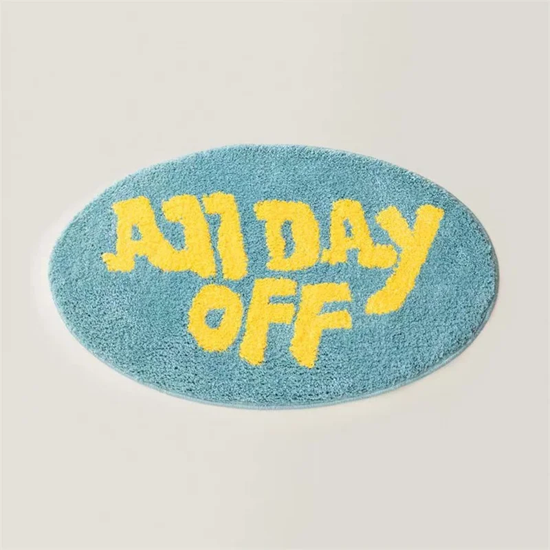 Trendy Text ALL DAY off Oval Shaped Tufted Rug Phrase Printed Floor Mat for Bedroom Living Room Carpet Non-Slip Home Decoration