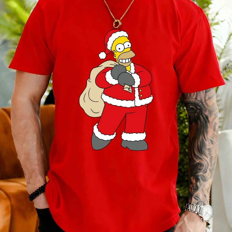 

Summer Men's Casual Short-sleeved T-shirt with Holmes Simpson Santa Claus Print Pattern Simpson Authorized Men's T-shirt
