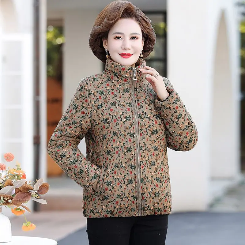 

2023 Women Chinese Style Print Floral Parkas Stand Long Sleeve Button Vintage Coats 2023 Spring New A-Line Women Parkas W30