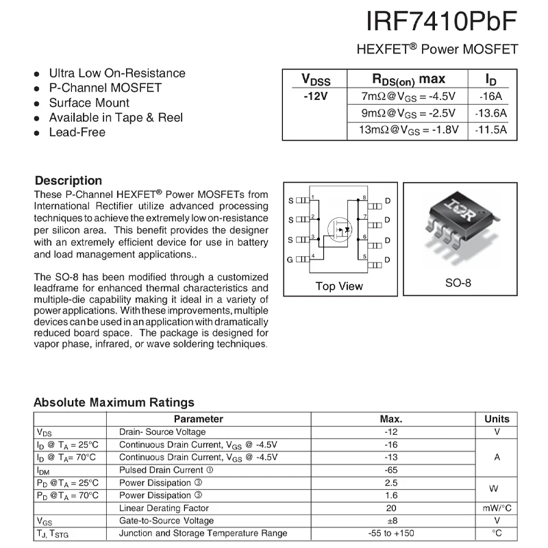 IRF7410TRPBF SOP8 IRF7410 F7410 P-channel power MOSFET field-effect transistor