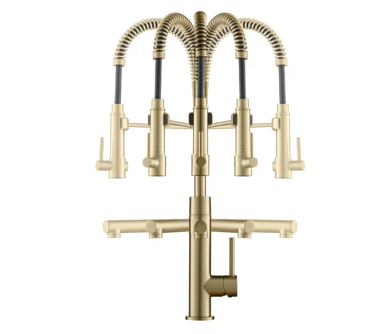 Brushed Gold Brass 2-Function Commercial Style Pre-Rinse Kitchen Faucet with Pull-Down Spring Spout and Pot Filler