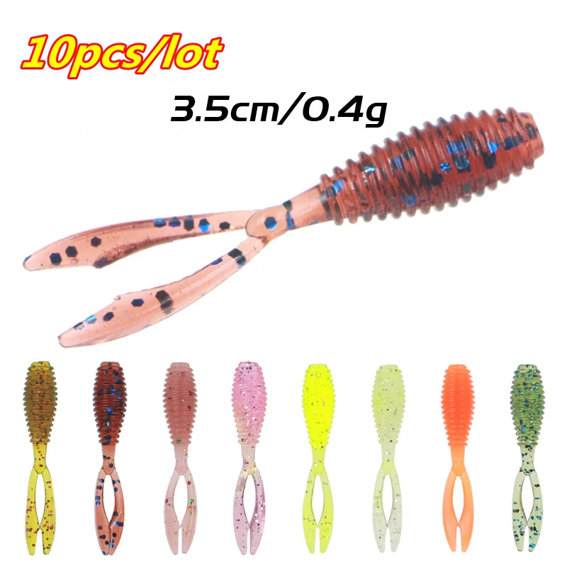 10PCS/Bag Double Tail Soft Bait 3.5cm 0.4g Slow Sinking Rubber Bait Various Colors Soft Worm Mini Bionic Bait Fishing Lures