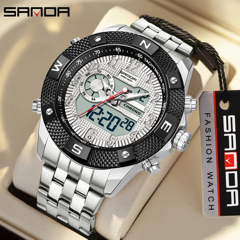 SANDA New Quartz Watches for Men Strong Luminous Dual Display Sport Waterproof Stainless Steel LED Digital Electron Wristwatch