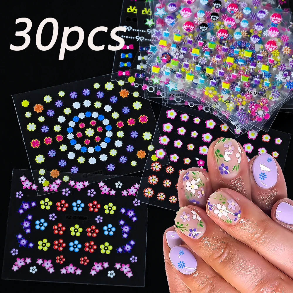 30pcs/Lot 3D Mini Colorful Flowers Nail Stickers Small Flower Leaves Nail Art Decals Self-Adhesive Sliders Finger Tips Ornaments