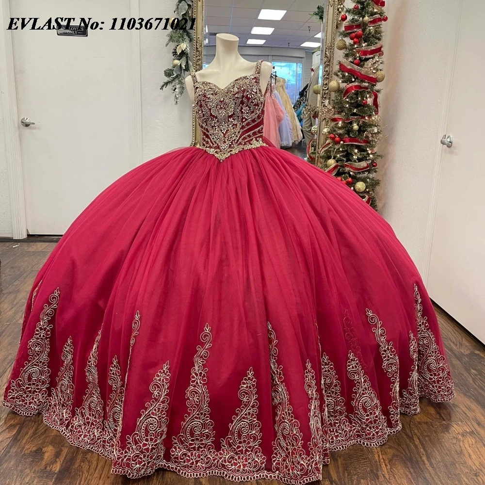 

EVLAST Customized Red Quinceanera Dress Ball Gown Silver Lace Applique Beaded Crystal Corset Sweet 16 Vestidos De 15 Anos SQ676