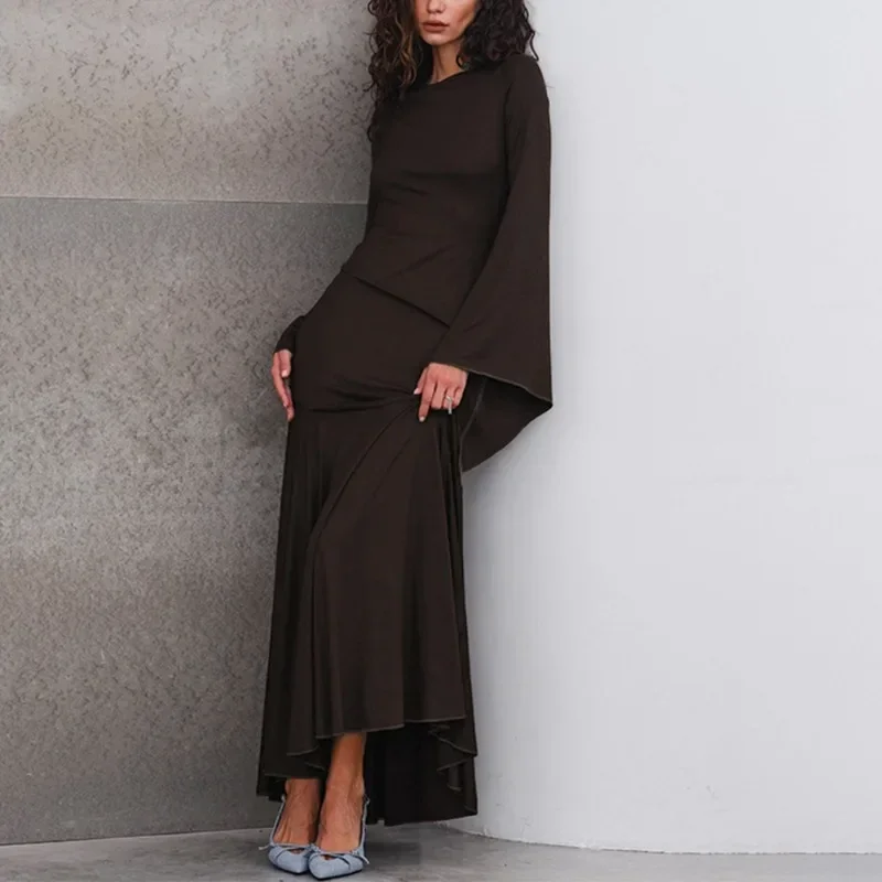 فستان طويل أنيق ثنيات للنساء فستان مكشكش بأكمام طويلة نحيف مطوي عالي الخصر ورقبة مستديرة مرقع فستان نسائي رداء