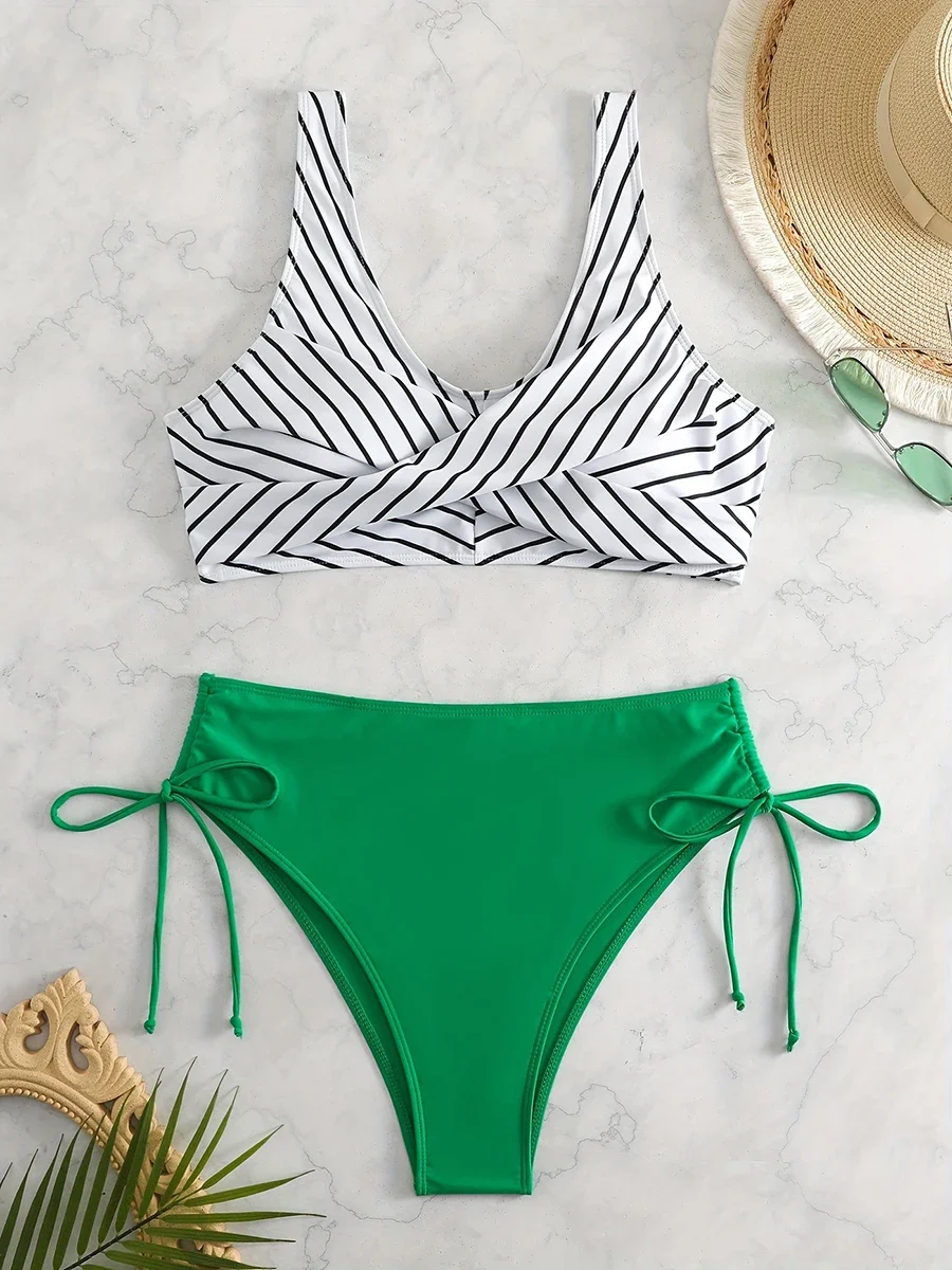 

Комплект бикини с перекрестной передней частью 2024, женский полосатый купальник, купальник с принтом, женский купальный костюм, летняя пляжная одежда