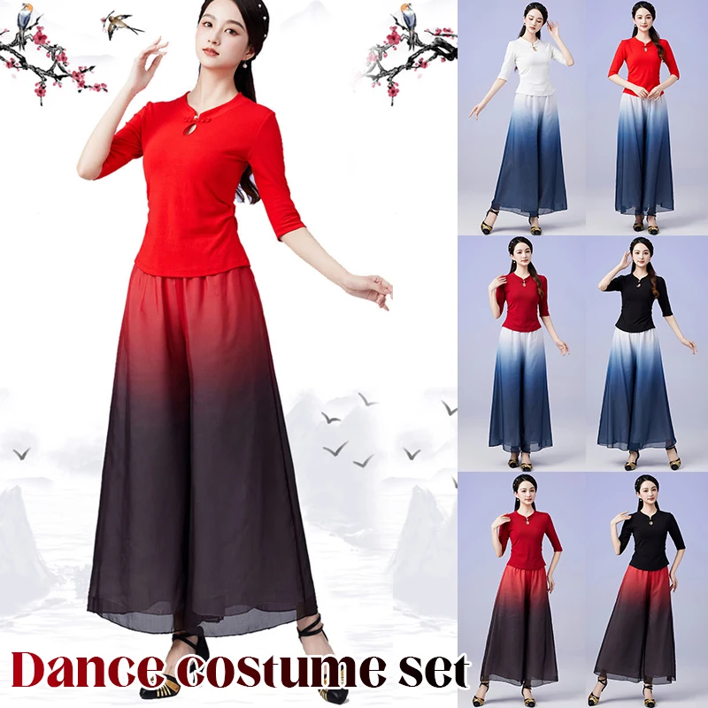 Chinese Style Gradient Chiffon Tops Pants Set Square Dance Wide-leg Pants Ballroom Jazz Practice Dance Stage Performance Costume