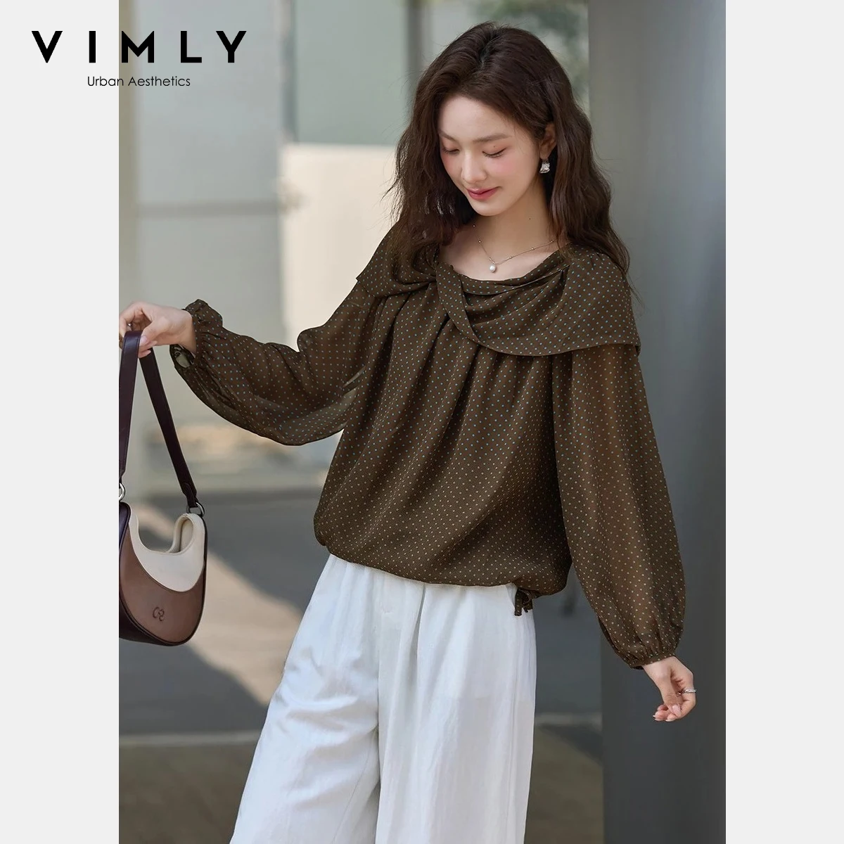 

Женская блузка VIMLY в кофейный горошек, весна 2026, новая корейская мода, с открытыми плечами, с рюшами, свободная повседневная шифоновая рубашка A5160