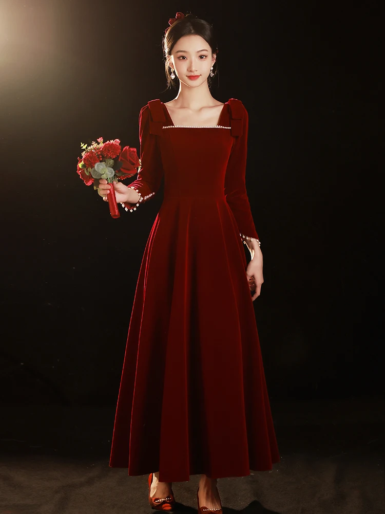 

Red Velvet Wedding Dr Long Sve Floor Length Evening Gown for Engagement Parties Weddings Polyester Fabric Vintage Sle