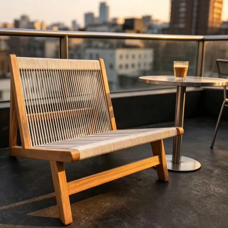 Retro Solid Wood Single Sofa Chair with Woven Rope Design for Balcony and Garden Nordic Style Outdoor Furniture